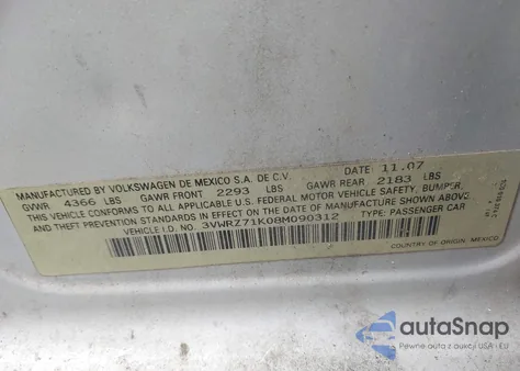 2008 Volkswagen Jetta Se from USA, damaged, VIN 3VWRZ71K08M090312